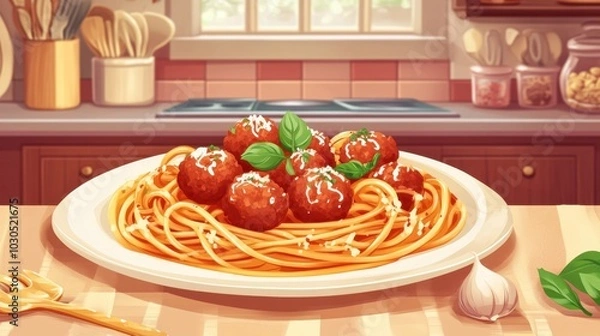 Fototapeta Cartoon-style gourmet spaghetti with meatballs, set against a warm Italian kitchen background, with detailed patterns and textures.