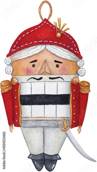 Fototapeta Watercolor hand drawn illustration of nutcracker, children toy for decoration , for Christmas tree. Winter holiday. isolated on white