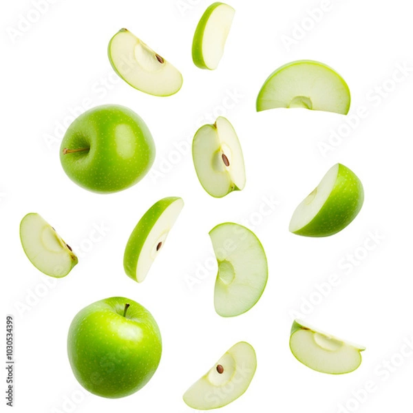 Fototapeta Falling Green Apple Slices and Whole Apples Isolated on a Transparent Background