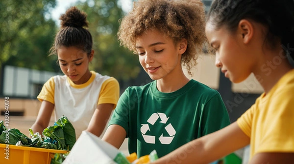 Fototapeta children sorting recyclables while volunteering in recycling center, generative ai