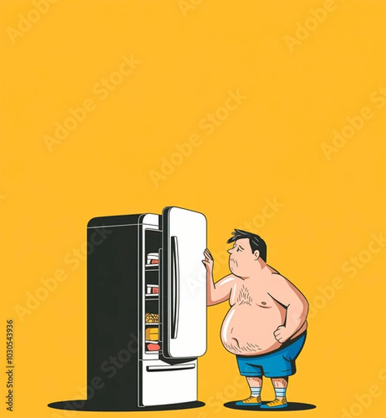 Fototapeta illustrazione di un uomo grasso che apre il frigorifero con una espressione triste