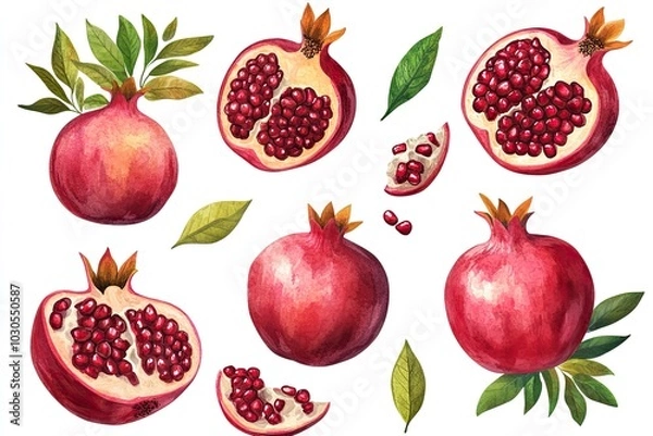 Fototapeta Pomegranate isolated. Pomegranate with seeds and leaves on white background. Pomegranate composition with clipping path. Full depth of field