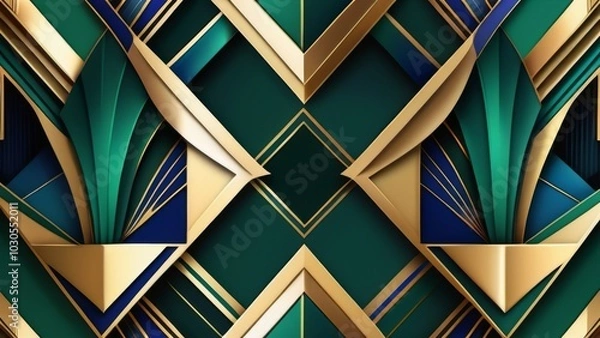 Fototapeta Green and gold geometric pattern with leaves on dark background