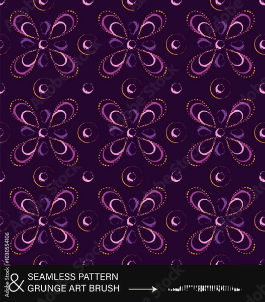 Fototapeta Seamless pattern with abstract simple 4 petal flower, circles. Outline contour geometric shapes in grunge style. Bright paint strokes on dark background.
