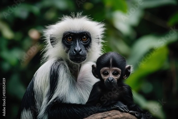 Fototapeta A close-up of a black-and-white monkey and its baby in a lush green environment.