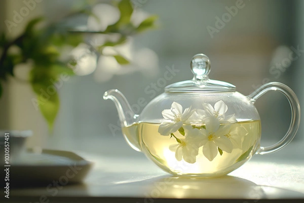 Fototapeta Glass teapot with freshly brewed herbal tea and jasmine  floating inside, sitting on a white table in natural sunlight, representing health and relaxation
