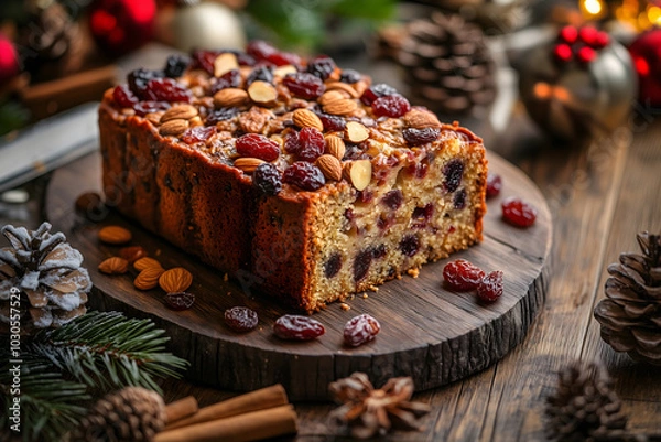 Fototapeta Slice of festive fruitcake topped with dried fruits and nuts, placed on a holiday table, evoking the warmth and tradition of Christmas celebrations