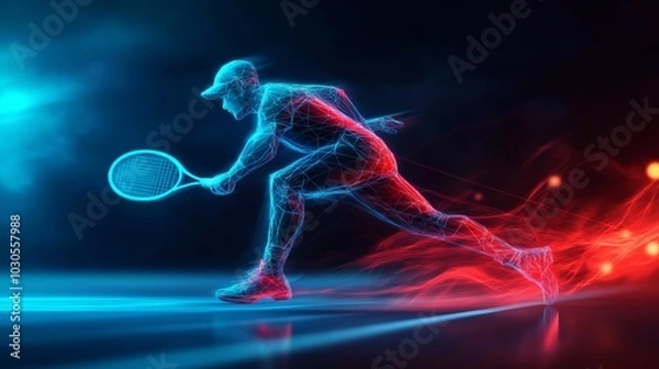 Fototapeta A dynamic digital illustration of a tennis player in motion, created with neon glowing lines, highlighting energy and sport action.