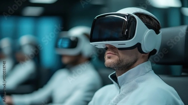 Fototapeta Man using virtual reality headset in a futuristic environment.