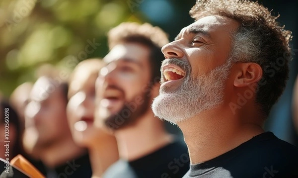 Fototapeta Middle-aged Hispanic man joyfully singing with a diverse choir outdoors.