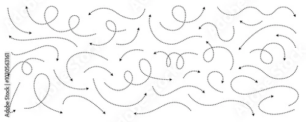 Obraz Set of hand drawn curved dotted line thin directional arrows in doodle style. Black dashed arrows collection isolated on white background. Vector illustration for infographic, poster, scheme