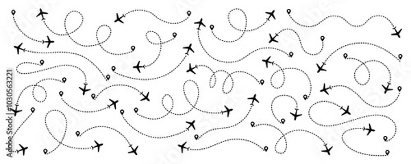 Fototapeta Set of airplane routes in dashed line trace. Plane route lines of aircraft tracking, location pins, planes, travel, map pins on white background. Vector illustration for infographic, map, track