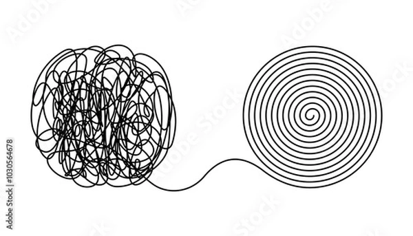 Obraz Chaos, tangle and untangle continuous one line drawing. Brainstorming, mental health, psychology, balance in linear vector illustration. Icon for web design, card, banner, flyer