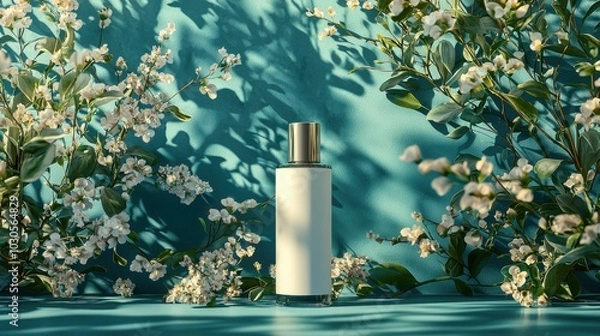 Obraz A sleek perfume bottle sits elegantly amid delicate white flowers against a turquoise background, showcasing a serene and fresh aesthetic.