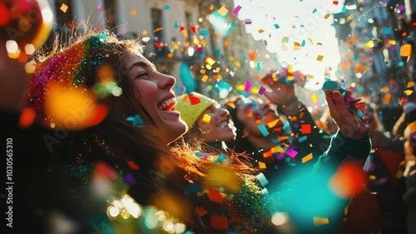 Obraz Colorful confetti raining over crowd