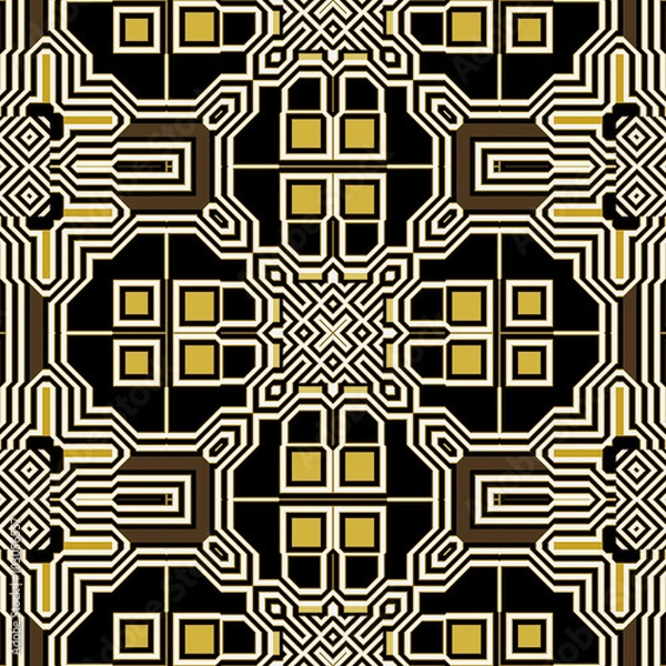 Fototapeta Abstract seamless retro black, white and gold pattern of squares, rectangles and geometric motifs