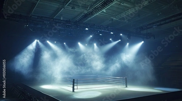 Fototapeta An empty boxing arena, filled with dramatic lighting and mist, ready for a professional sport event, with spotlights highlighting the ring.