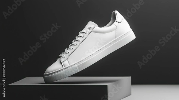 Obraz A sleek white sneaker displayed in a minimalist setting against a dark background, emphasizing its modern design and clean lines.
