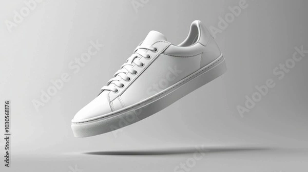 Fototapeta A floating white sneaker showcases minimalistic design, highlighting clean lines and a modern aesthetic against a simple grey backdrop. Ideal for product display.