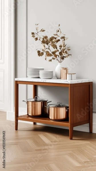 Fototapeta A stylish shelving unit features light wood and marble, four drawers for storage, and white ceramic pots, set against a large concrete wall in a Tokyo design store