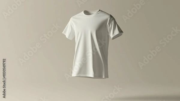 Fototapeta A realistic 3D rendering of a white t-shirt suspended in the air against a neutral background, showcasing its design and potential use in product displays.