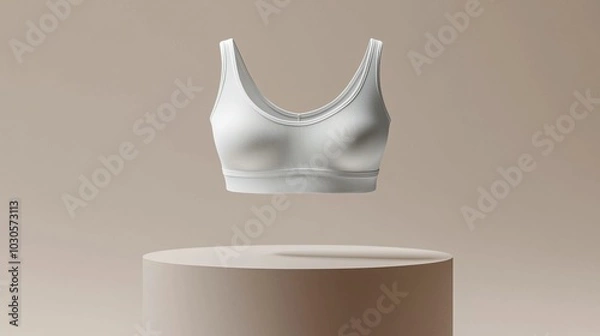 Obraz A minimalist display of a white sports bra on a round pedestal, showcasing contemporary clothing design with a cream background.