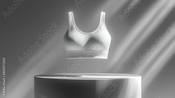 Fototapeta A sleek white sports bra displayed in an artistic setting, emphasizing modern design and functionality. Ideal for activewear branding, showcasing style and comfort.