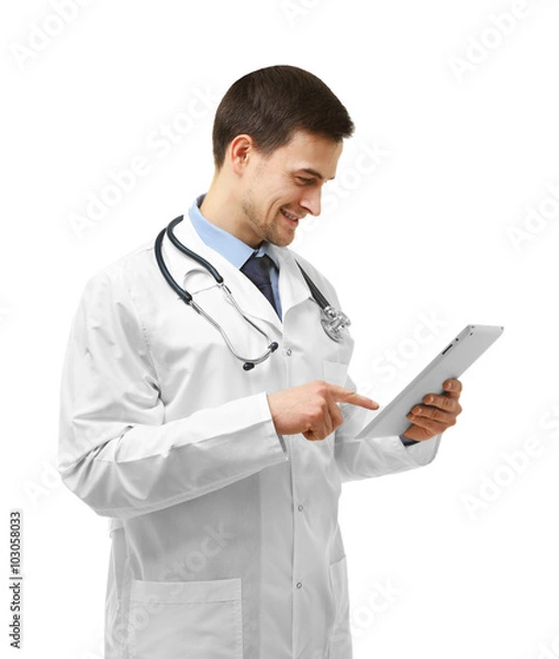 Fototapeta Doctor with tablet isolated on white