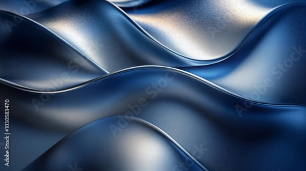 Fototapeta Abstract blue metallic waves, futuristic 3D rendered background