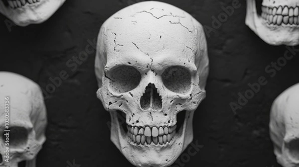 Fototapeta A group of white human skulls on a dark background.