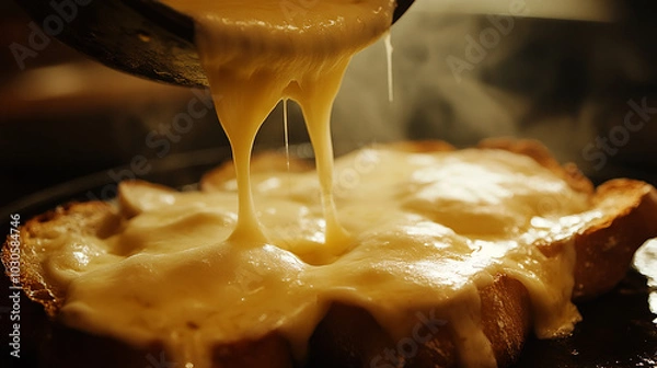 Fototapeta Raclette cheese melting and poured over bread savory