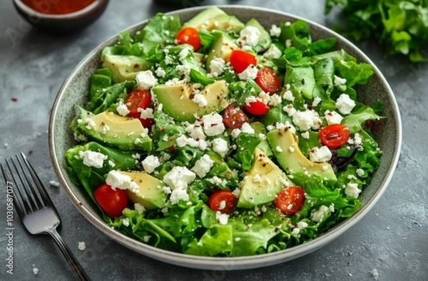 Fototapeta Fresh arugula salad with cherry tomatoes, feta cheese, and avocado in a modern bowl