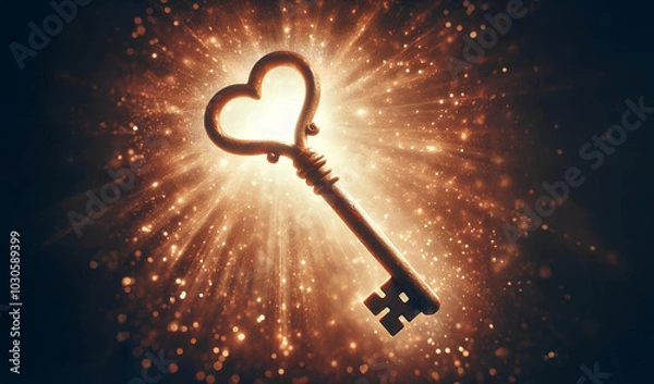 Fototapeta A key holder carved in the shape of a heart, against a background of golden sparkling light