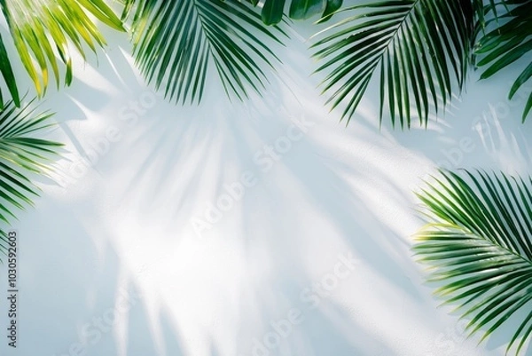 Fototapeta Palm leaf background on concrete texture. Natural shadow overlay. Shadows of leaves in sunlight. Summer vacation concept. Flat lay.