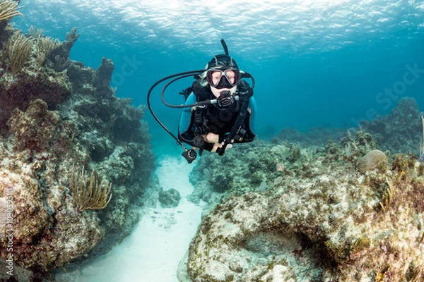 Fototapeta Female SCUBA diver on a reef