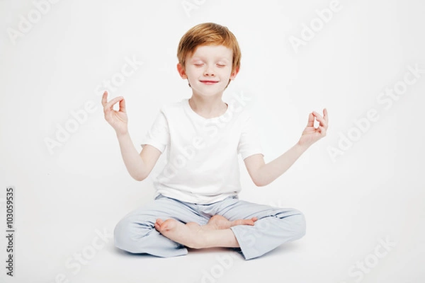 Obraz Little cute red-haired boy sitting on a white background in the
