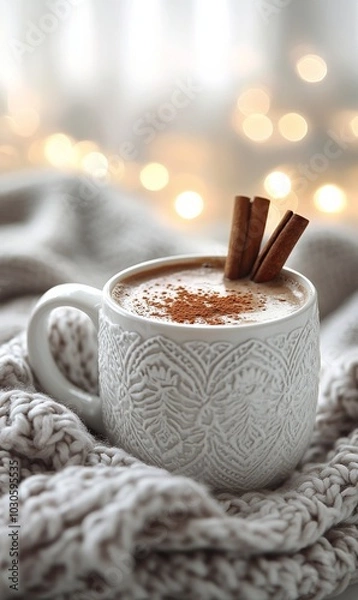Fototapeta Cozy white mug filled with warm spiced drink and cinnamon sticks on a knitted blanket
