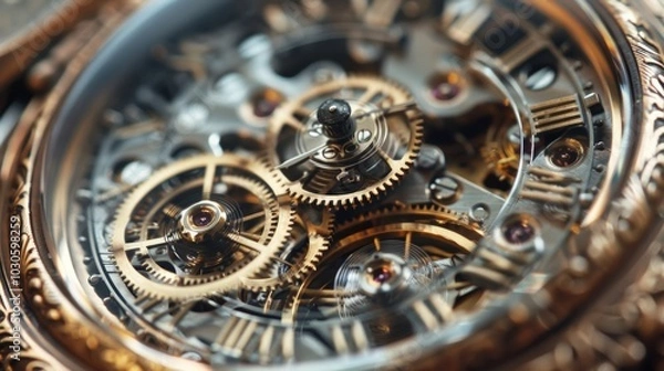 Fototapeta An antique pocket watch with intricate filigree details and a striking mechanical movement highlighting the intricate craftsmanship of vintage luxury watches.