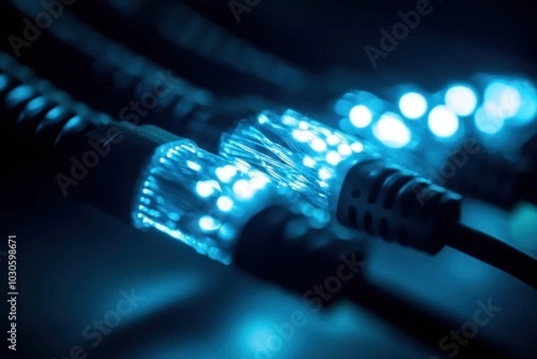 Fototapeta A close-up of high-speed fiber optic cables glowing with blue light in a dark room, showcasing the advanced technology used for modern internet connections and data transmission