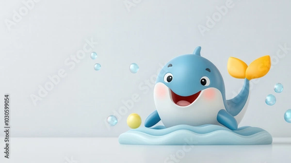 Fototapeta Joyful cartoon whale splashing water with playful expression, surrounded by bubbles and ball. This cheerful scene captures essence of fun and happiness
