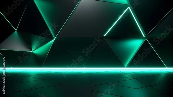 Fototapeta Dark Green Wall with geometric Patterns and Neon Lighting. Futuristic Backdrop for Product Presentation
