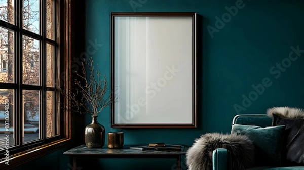 Obraz A Teal Wall with a Brown Frame Encasing a Blank Canvas, Adorned with  a Vase of Branches, a Wooden Table, and a Fuzzy Couch