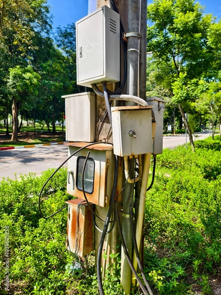 Fototapeta Multiple electrick box on light pole