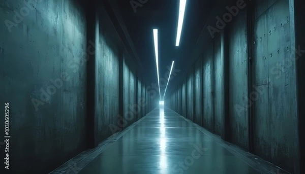 Fototapeta Futuristic corridor with bright neon lights and concrete walls leading to a glowing exit