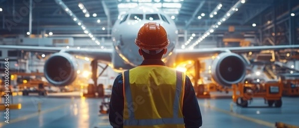 Obraz Male worker in safety helmet and vest stands at an airport, observing the aircraft. This image captures a crucial moment in aviation operations and safety.