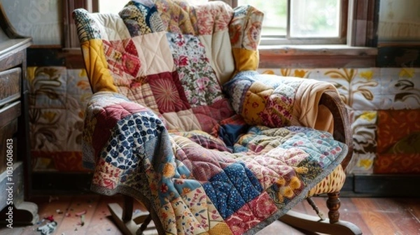 Fototapeta A beautiful quilt made from different patterned fabrics is dd over a vintage rocking chair showcasing classic needlework techniques.