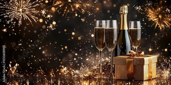 Fototapeta New Year banner with a golden gift box, a champagne bottle, and two glasses on a sparkling background with fireworks. Banner for a New Year celebration or party 