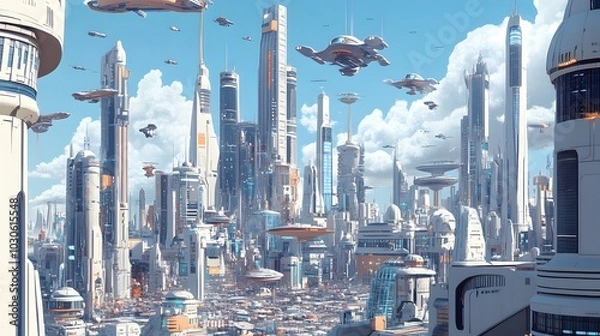 Fototapeta A futuristic cityscape with towering skyscrapers and flying vehicles, but with design aesthetics inspired by the 1950s and 1960s