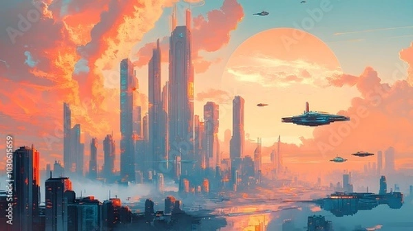 Fototapeta A futuristic cityscape with towering skyscrapers and flying vehicles, but with design aesthetics inspired by the 1950s and 1960s