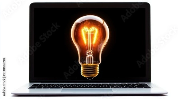 Fototapeta An incandescent lamp and a laptop on a white background represent ideas and creative works that can be created using technology to help human work